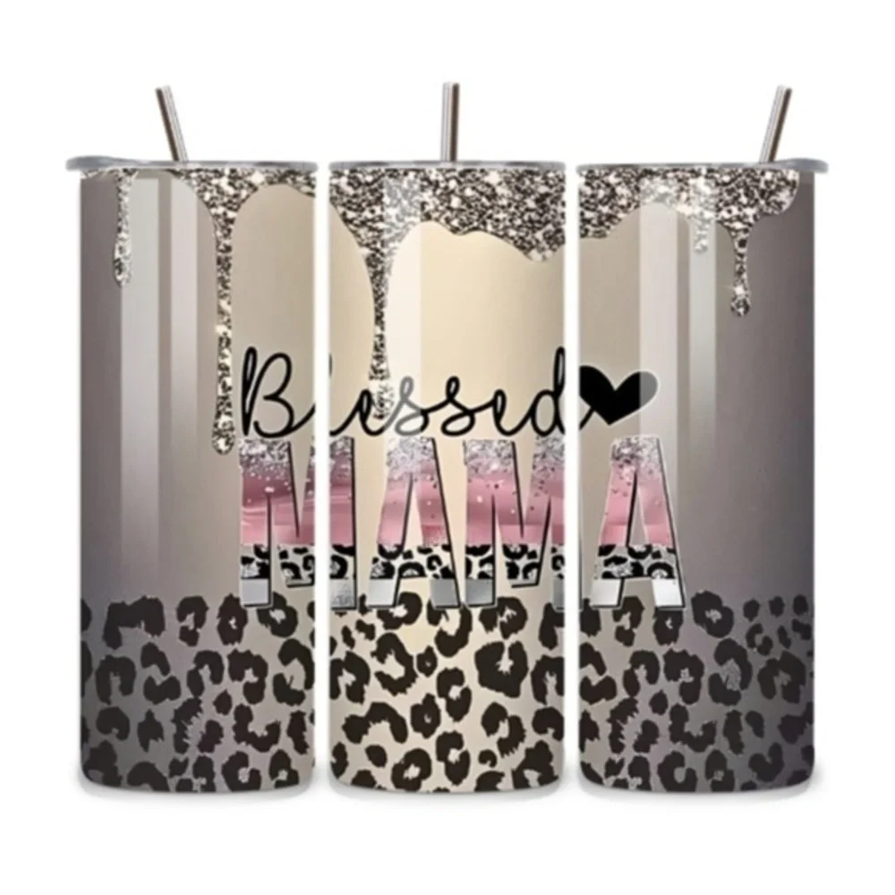 Handmade “Blessed Mama” 20oz Stainless Steel Tumbler – Glitter Drip Leopard Prin